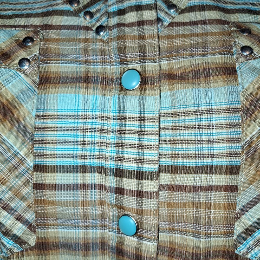 ROUGH STOCK~PANHANDLE SLIM~WOMEN'S PEARL SNAP~PLAID WESTERN SHIRT W/STUDS~M - Picture 7 of 13